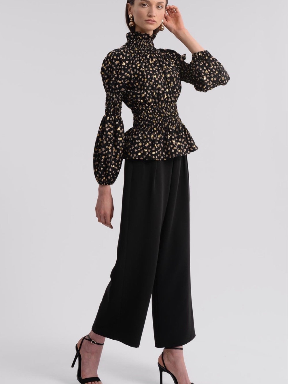 Molly Bracken Wilma Floral Smocked Peplum Blouse Black